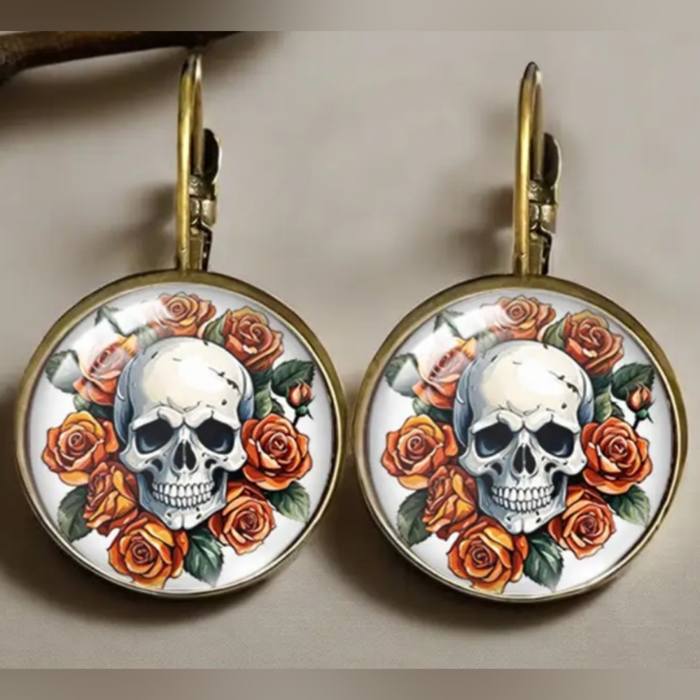 Whimsigoth Punk Orange‎ White earrings Fairycore Goth Skull Gold Rose Snapback